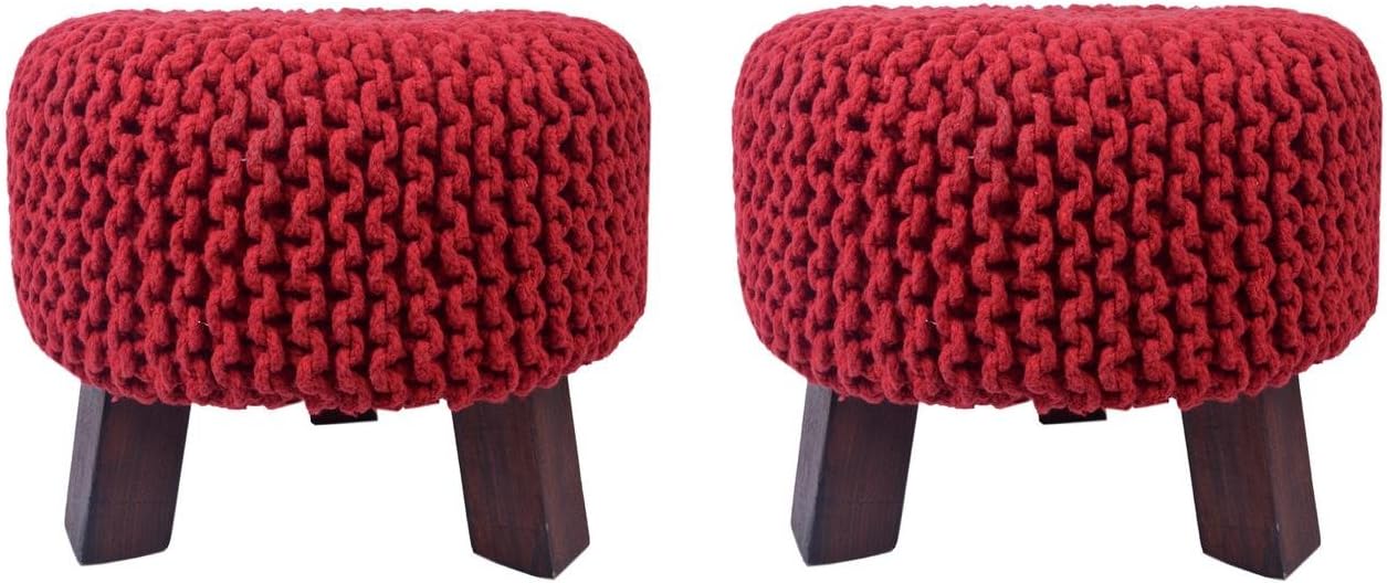 Tanishkam Decor Hand Knitted Polished Wooden Stool|Ottoman (Red, Set of 2)