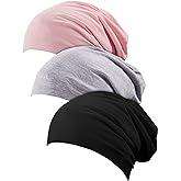 SATINIOR 3 Pieces Sleep Caps for Women Satin Beanie Lined Sleep Hat Chemo Headwear for Women Sleeping Hair Cap (Black, Gray, Pink)