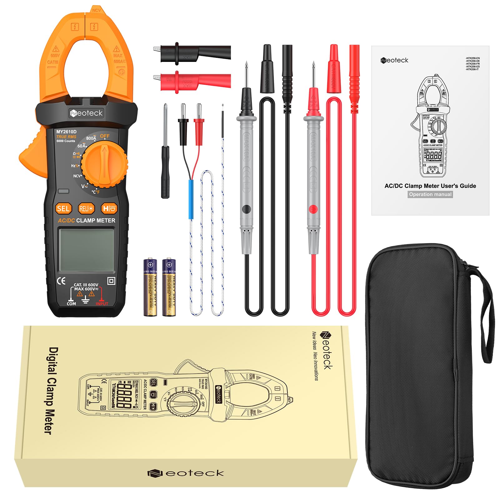 Neoteck Digitales Stromzangenmessgerät TRMS 6000 counts 800A AC/DC Strom AC/DC Spannung NCV Durchgang Kapazität Widerstand Frequenz Diode Test 8