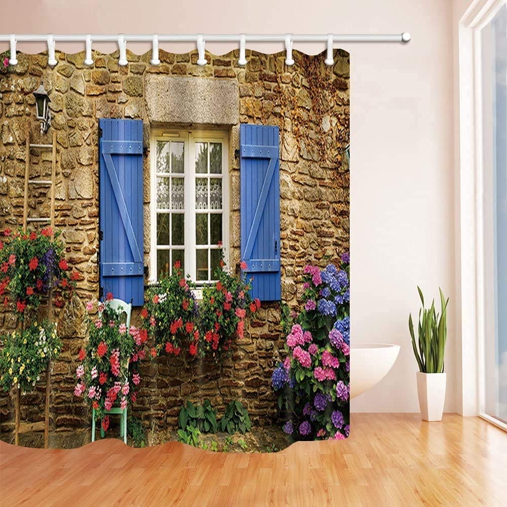 YUAOEUR 3D Home Garden Curtain Shower Curtain Stone Wall Blue Wooden Window and Flowers Plants Scenery Bathroom Decoration Curtains with Hook 71X 71 inches Green Retro Wall