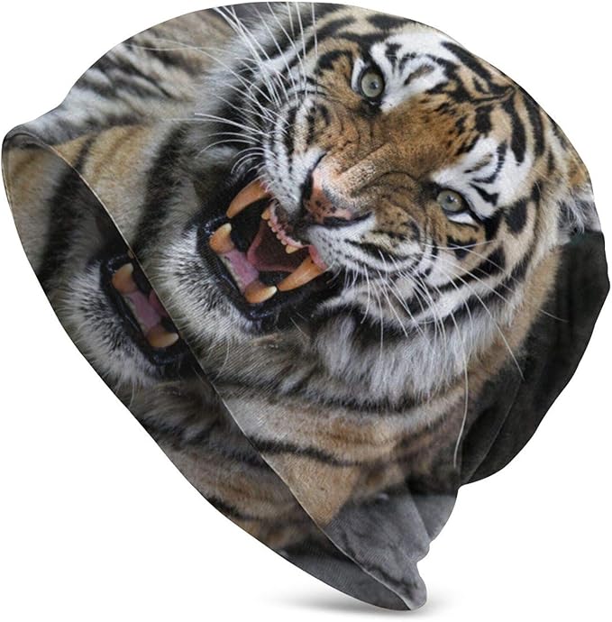 Adult Winter Beanie Knit Hats for Unisex Tiger Face with Roaring Wildlife Safari