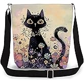 LiuenMgg Floral Black Cat Print Canvas Crossbody Bag, Adjustable Strap Lightweight Purse with Top Zipper & Inner Pocket, Daily Shoulder Bag Gift for Women