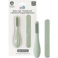 ezpz Baby-Led Toothbrush + Tongue Depressor Dual Pack (Sage) - 100% Silicone Toothbrush + Silicone/Stainless Steel Tongue Depressor - Helps Set-up Infants for a Healthy Oral Care Routine