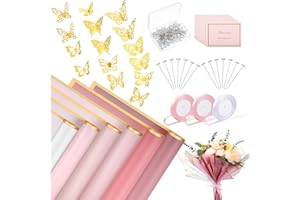 auroray 219 Pcs Flower Wrapping Paper, Pink Floral Bouquet Wrap Paper Valentine's Day Flower Wrap with Ribbon,3D Butterflies,Wishes Cards for Mother's Day,Wedding,Graduation