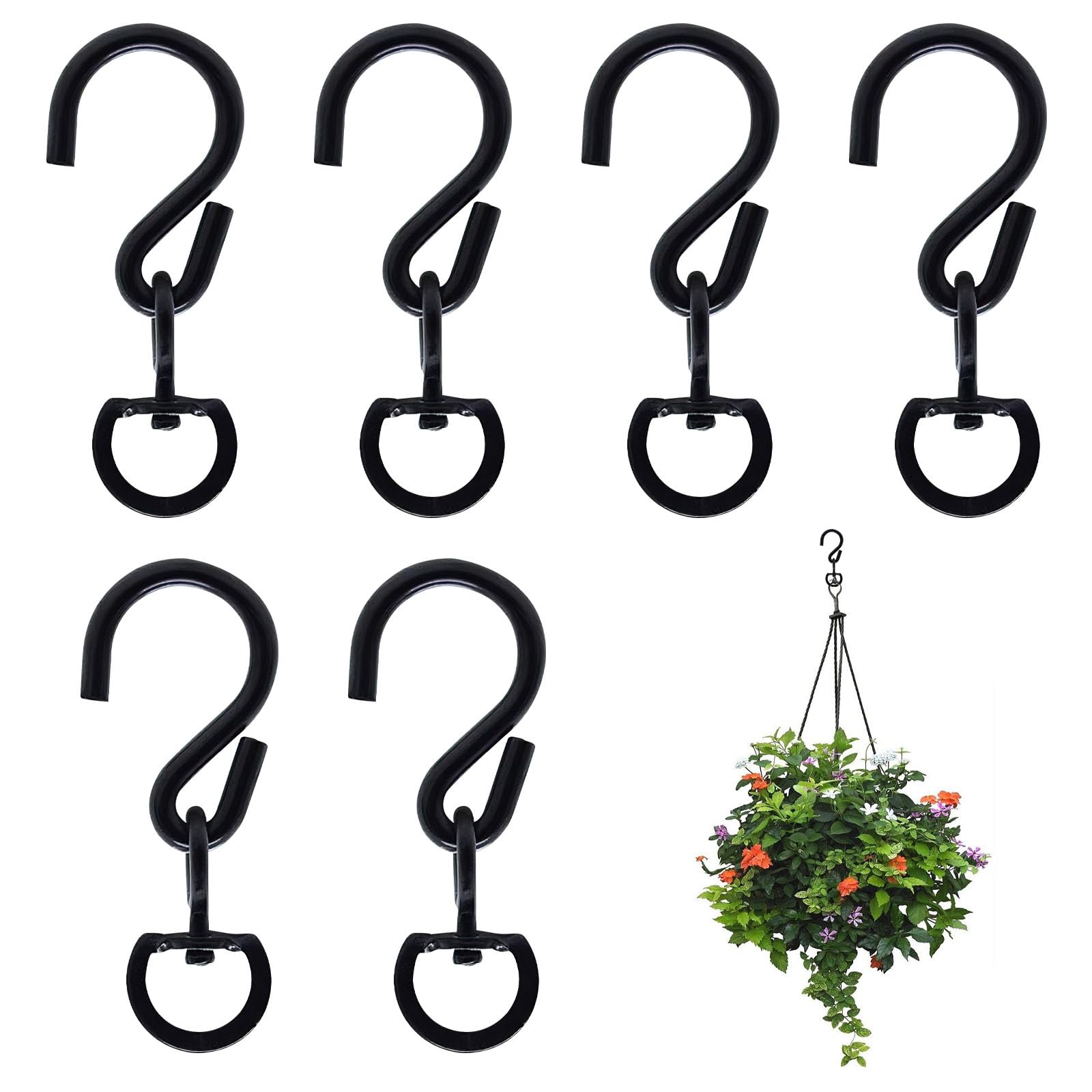 JaneYi 6 Pieces 360° Swivel S Hook Hanging Basket Heavy Duty Swivel Hooks Metal Rotating Hanging Buckle Hook Easy Turn Flower Pot for Garden Plant Basket Wind Chime Bird Feeder - Black