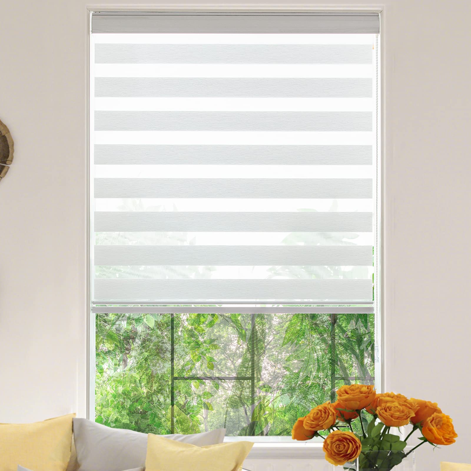 Photo 1 of KALYSIE Zebra Roller Window Blinds,Custom Cut to Size,Roller Blinds Dual Layer Roller Shade Blinds, White,Fixed 72 Inches High,57 Inches Width