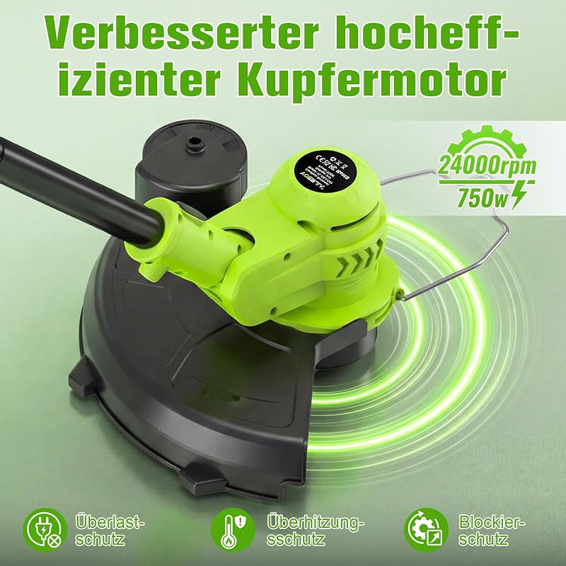 Akku Rasentrimmer 21V, 2-in-1 Rasentrimmer & Kantenschneider, LCD Akkuanzeige, 2×2000mAh Akku, Automatische Fadennachführung, 8 Fadenspulen, für Rasen, Rasenkanten & Gartenwege