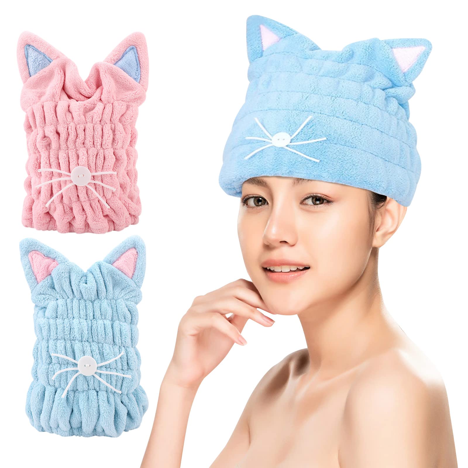 Hileyu 2 Pcs Dry Hair Hat Drying Towels for Women Quick Bath Cap Microfiber Wrap with Cute Cat Ears Super Absorbent Coral Fleece Towel Kids Girls, Pink, 9.44 x 9.05 inch