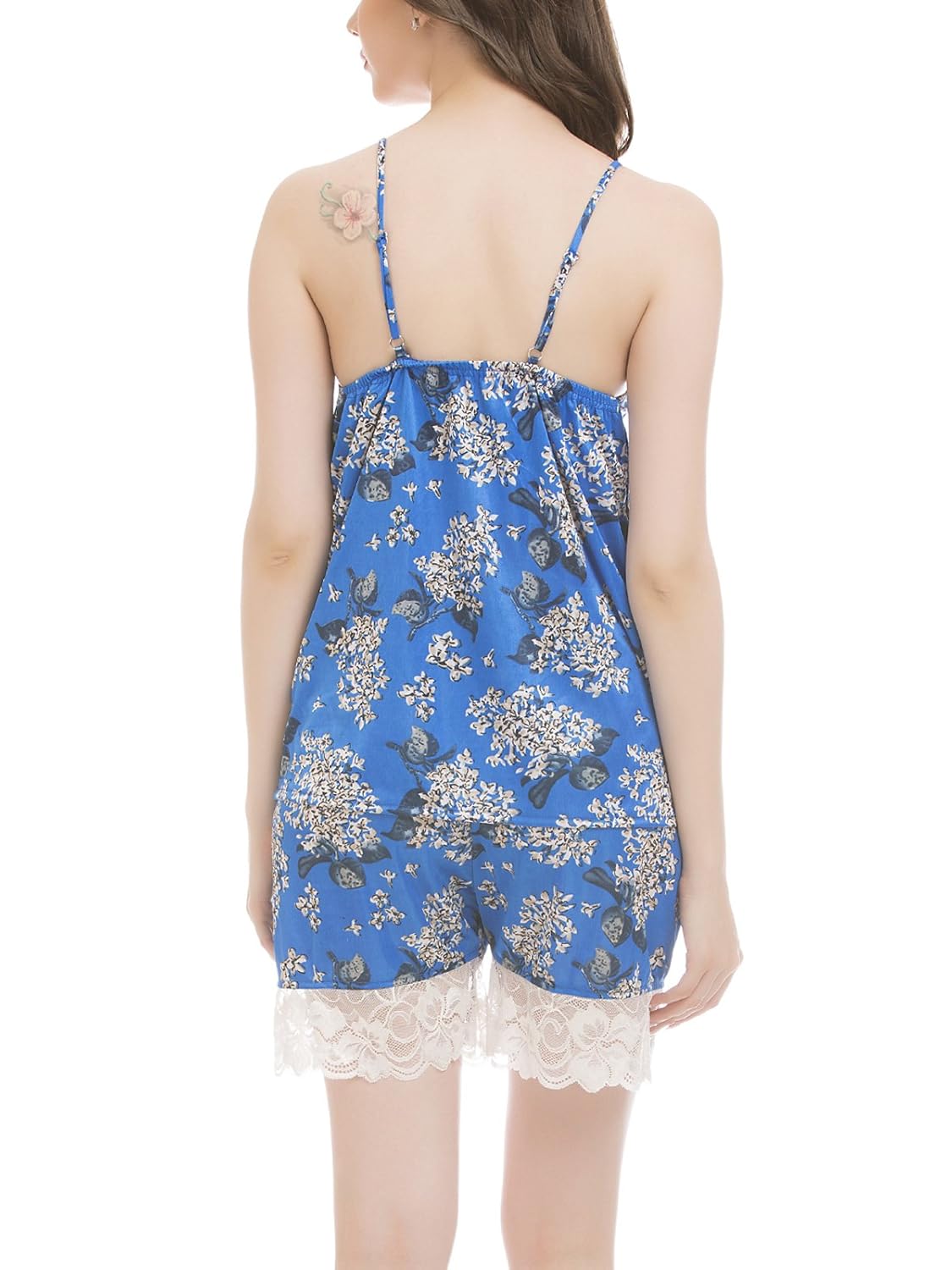 clovia women's satin & lace printed top & shorts nightsuit - blue