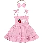 IMEKIS Baby Girl Strawberry One Birthday Outfit Boho Romper Dress Headband Summer Cake Smash Photo Shoot Clothes