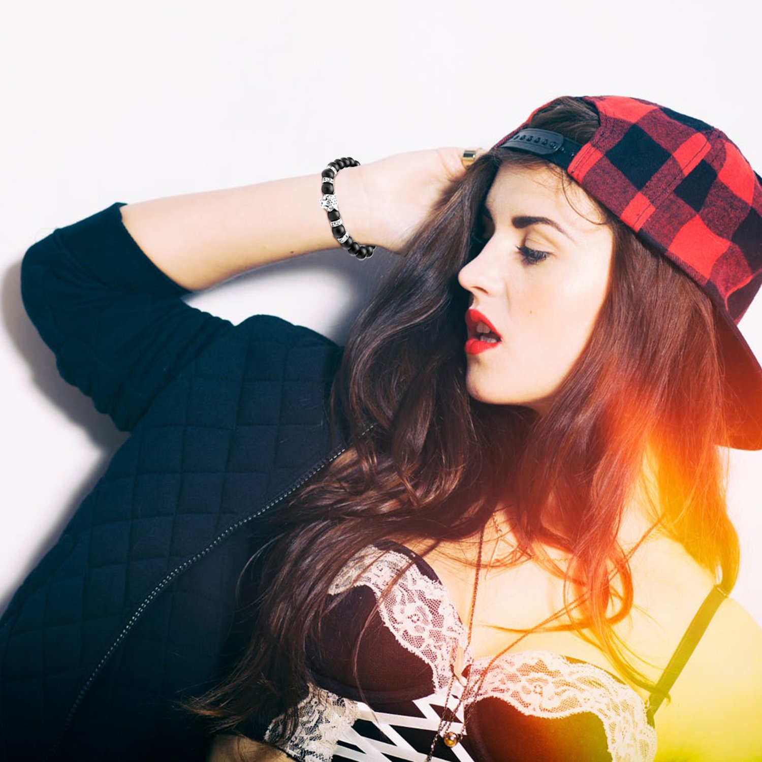 Energy Beads Bracelet,UHIBROS Unisex Natural Tiger Eyes,Black Matte,Weathering Agate Natural Gemstone Beads Stretch Bracelets With Leopard Head Gold,Silver