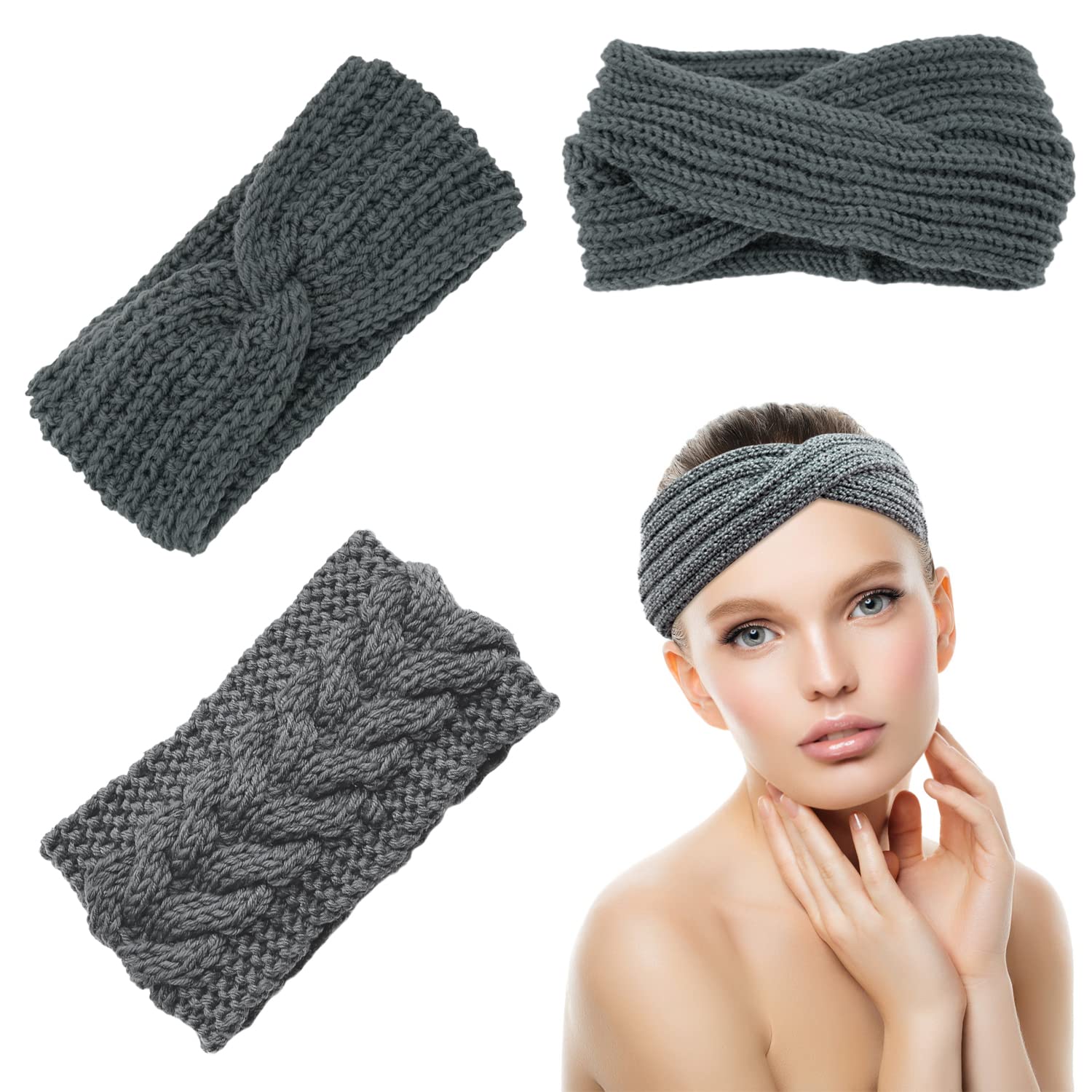 3 Pcs Ladies Hairband, Knitted Hairband, Elastic Headband, Cross Hairband, Warm Ear Hairband Winter Ladies and Girls (grey)