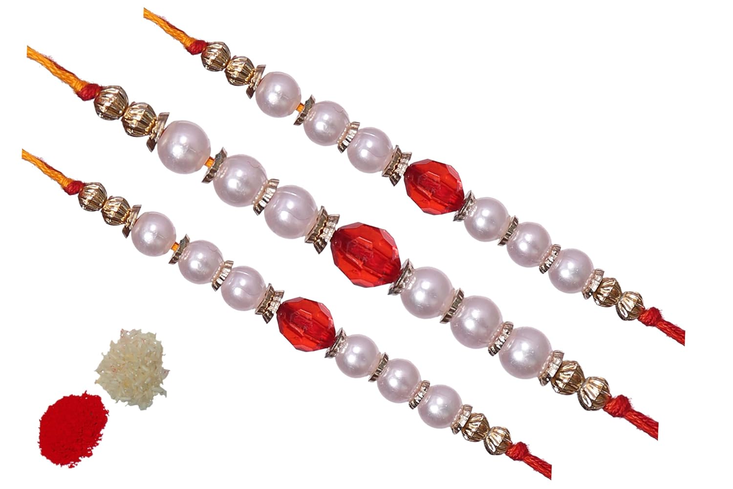 set of red diamond white crystal rakhi (combo 3 nos rakhi) with roli & chawal