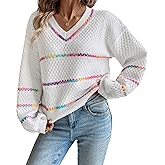 ZAFUL Womens Long Sleeve V Neck Sweater 2025 Cute Soft Striped Jumper Ribbed Knit Pullover Casual Clothes Winter Tops