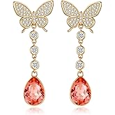 EVEVIC Austrian Crystal Teardrop Butterfly Dangle Stud Earrings for Women 14K Gold Plated Drop Earring Hypoallergenic Jewelry Gifts