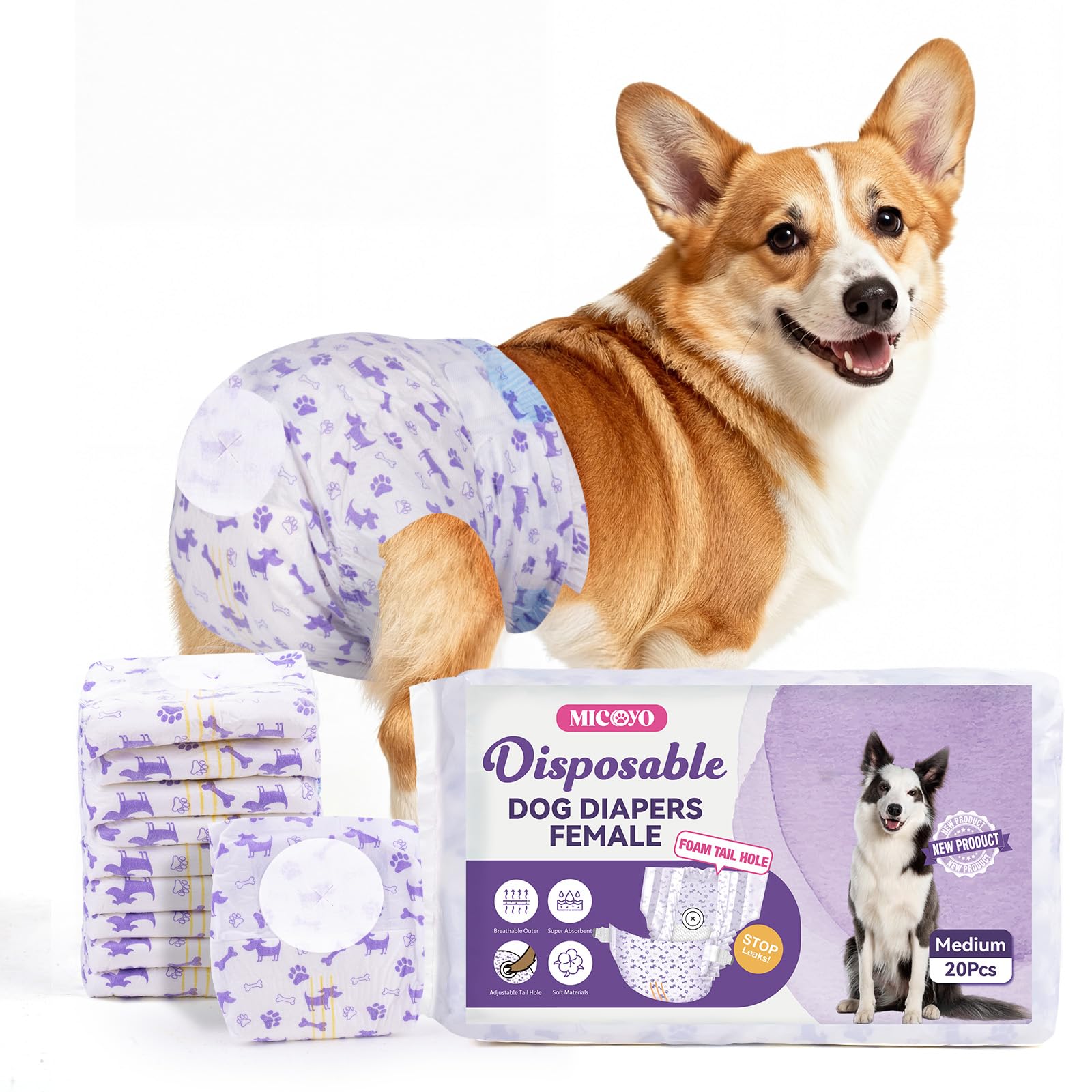 MICOOYO Dog Nappies Female 20 count, Disposable Dog Period Pants with Adjustable Tail Hole, Super Absorbent Diapers for Female Dogs Cat in Heat Season Incontinence(M)