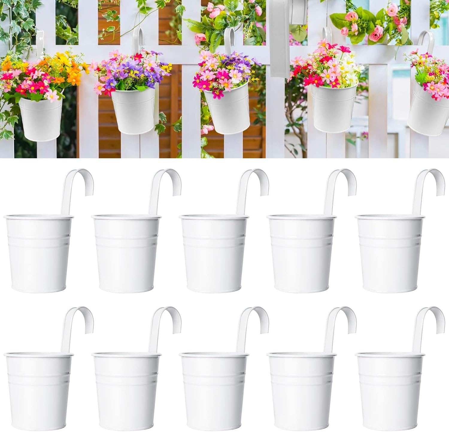KAHEIGN 10Pcs Metal Hanging Flower Pots, 10CM White Plant Pots Hanging Flower Bucket with Detachable Hook for Railing Balcony Fence Garden Home Decor