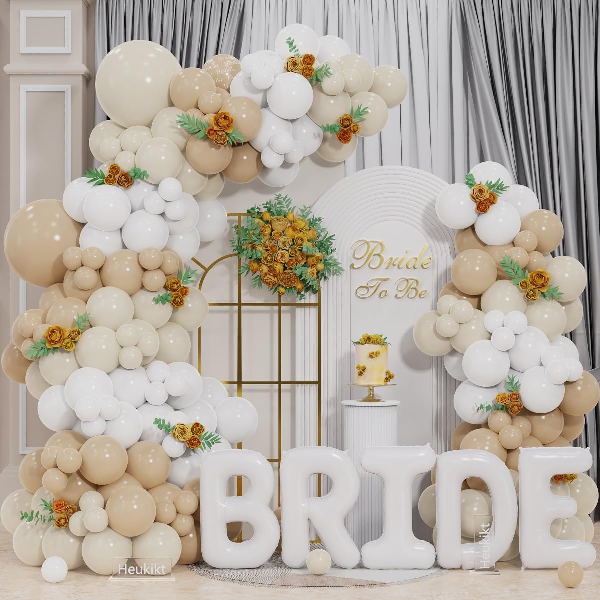 Photo 1 of 142Pcs Bride Balloon Garland Arch Kit, Beige Sand White Latex Balloons with 40inch White Bride Letter Balloon for Bridal Shower Wedding Engagement Birthday Party Decorations