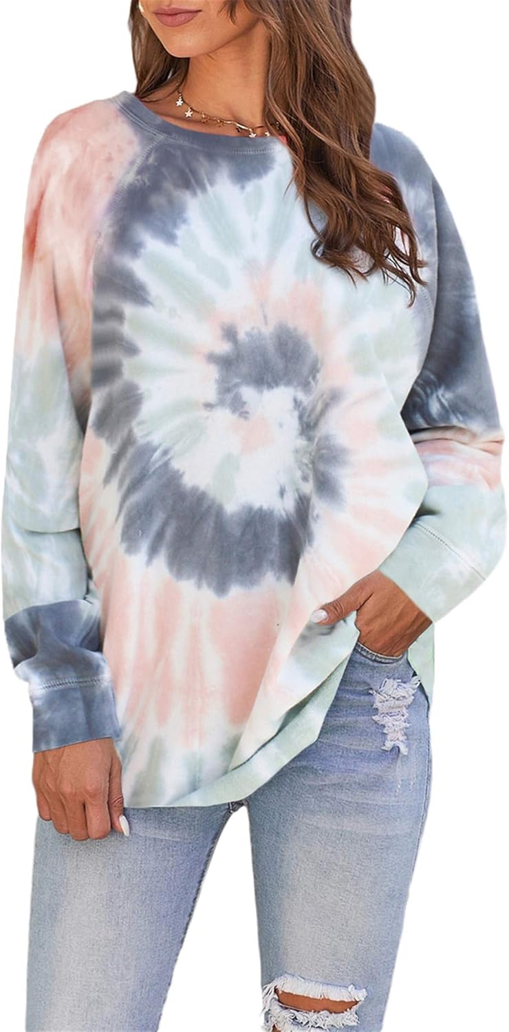 NEYOUQE Women Tie Dye Crewneck Pullover Sweatshirt Casual Color Block Loose Long Sleeve Tops