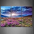 3 Panel Wall Art Mountain Landscape Spring Canvas Sunrise Blue Skyline Purple Flowers Picture Print On Canvas Art for Living Room Kitchen Home Decor