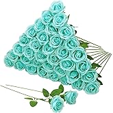 Hoemwarm 36 Pcs Turquoise Artificial Roses with Long Stems, Fake Silk Rose Artificial Flowers Bulk for Bridal Wedding Bouquet Centerpiece Ball Arrangement Party Decor