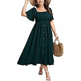 Plus Size Casual Maxi Boho Dress for Curvy Women Short Sleeve Square Neck Smocked Summer Beach Dresses Button Down