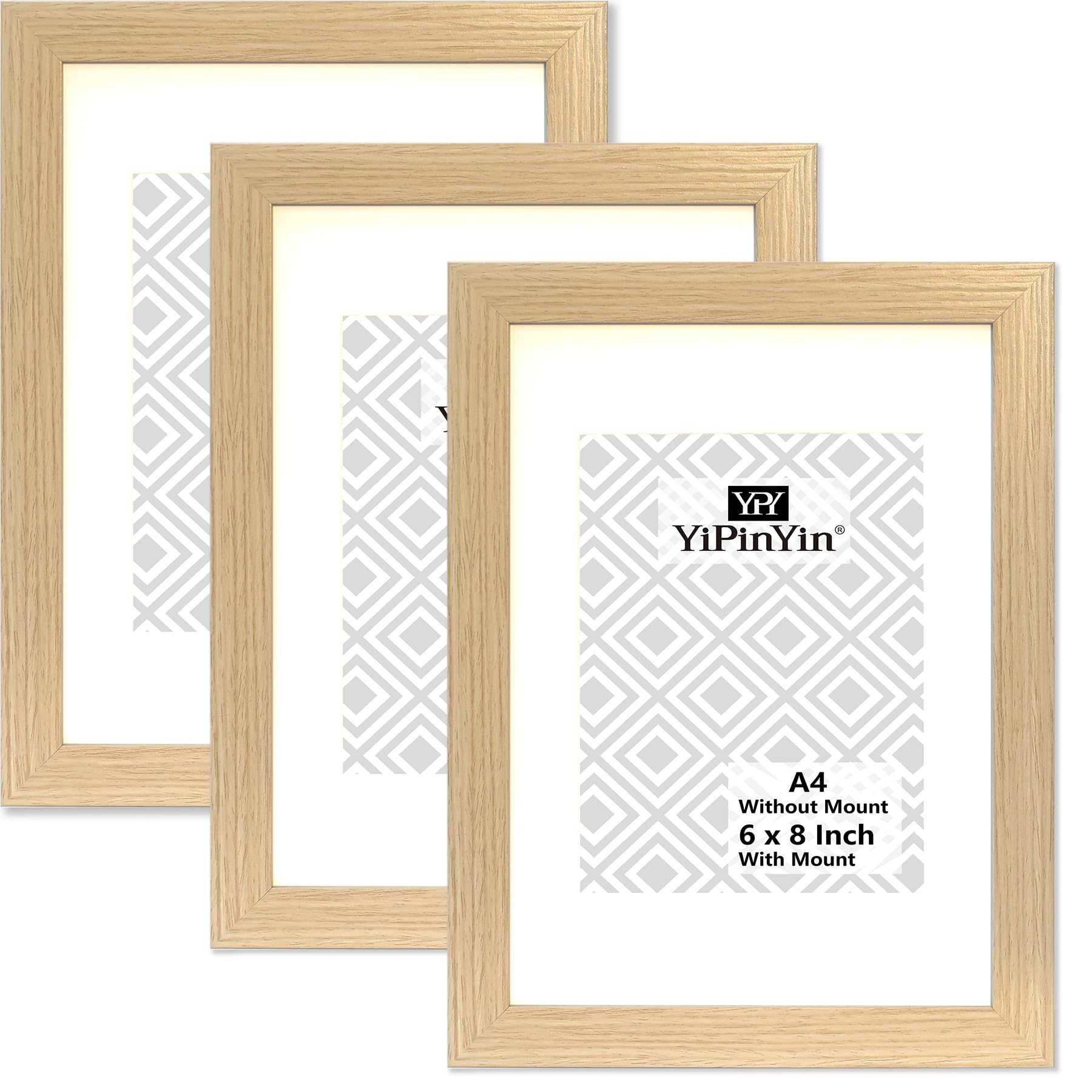 A4 Oak Wood Effect Photo Frame set of 3 with mount for 6x8 photo, Natural Wood A4 Picture frames 3 Pack, A5 frames With Perspex Front for Tabletop or Wall Display