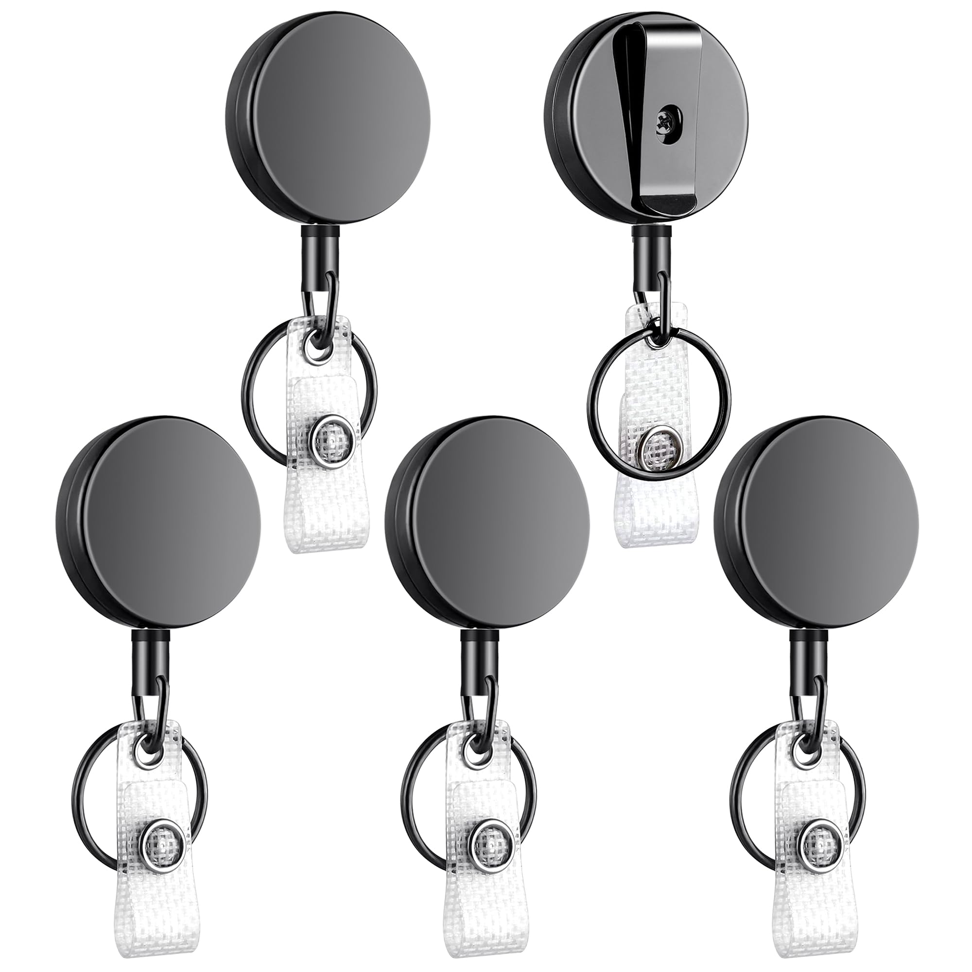 Teskyer 5 Pack Retractable Lanyard & Keychain, Heavy Duty Badge Reel, Metal Build, Reinforced Nylon Cord, Silver-Black