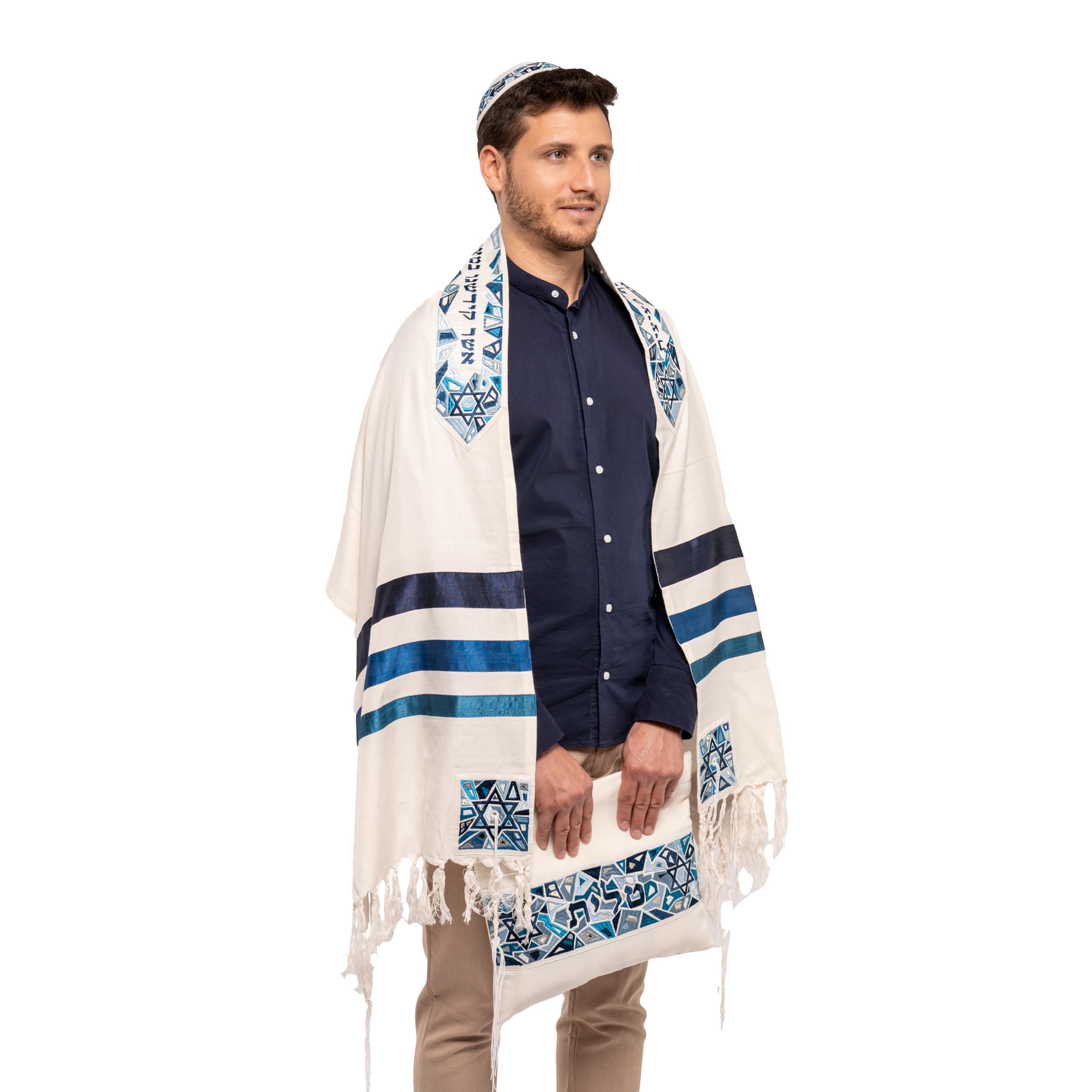 Yair Emanuel Tallit Prayer Shawl Gadol + Bag + Kippah + Atara Set Embroidered RAW Silk Magen David Blue (Bundle), Blue, Large