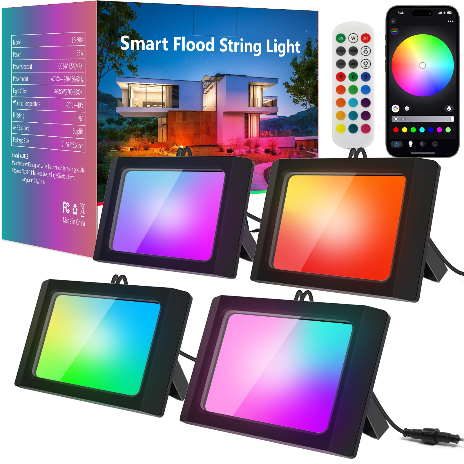 Photo 1 of ALFELE LED Flood Light Outdoor, 36W RGBW Outdoor Flood Lights Color Changing Landscape Lighting with APP & Remote Control, IP66 Patio Lights RGB Flood Light with Timer for Yard Garden Party (4 Pack)