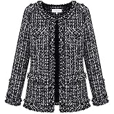 Leyoutx Women's Collarless Plaid Tweed Blazer Elegant Open Front Fringed Casual Business Glitter Jacket