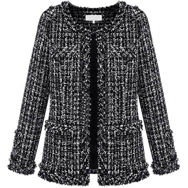 ebossy Women's Elegant Open Front Round Neck Fringed Plaid Tweed