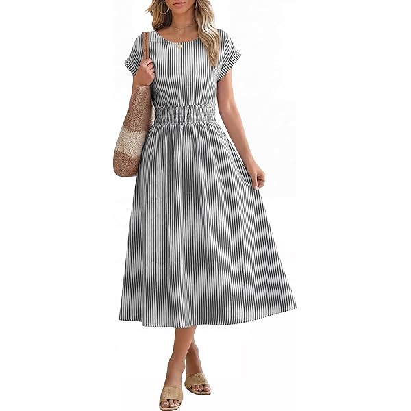 Fanuerg Women's Pastel Striped Summer Dress, V-Neck, Short Sleeve, Tiered Midi  Dress at Amazon Women's Clothing store