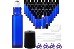 StellaCare Roller Bottles for Essential Oils,10ml Empty Glass Perfume Bottle with Stainless Steel Roller Balls, Opener,Droppers,Labels,48 pack Roll on Bottles