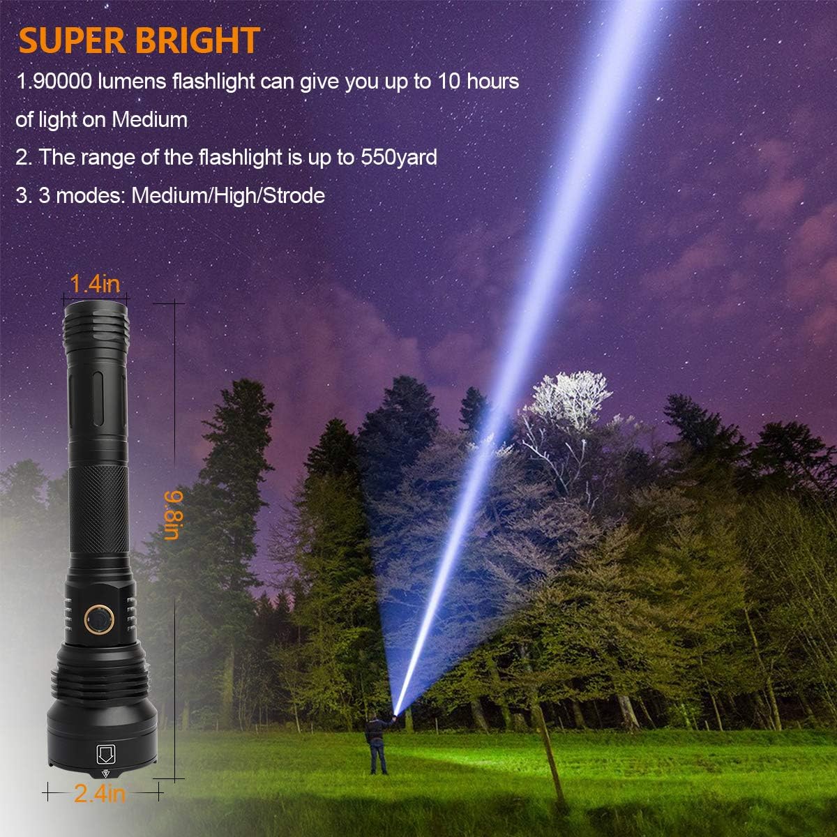 Rechargeable Led Flashlight, 90000 Lumens Super Bright Flashlights High Lumens with 26650 Batteries Included, 3 Modes, Zoomable, Waterproof Best Tactical Flashlight for Emergencies, Camping - - 