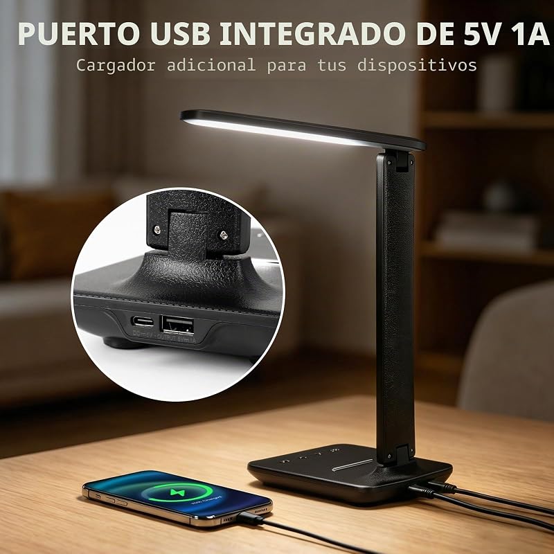 Lámpara de Escritorio LED con Puerto USB, Control Táctil, Luz Protectora Ocular, 5 Modos de Color y 5 Niveles de Brillo, Ideal para Dormitorio, Estudio y Mesita de Noche (Negro)