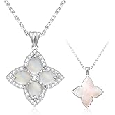 S925 Women's Sterling Silver Pendant Necklace - Classic Mother Pearl Four-Leaf Flower Necklace with Cubic Zircon, Hypoallergenic Fine Jewelry Gift