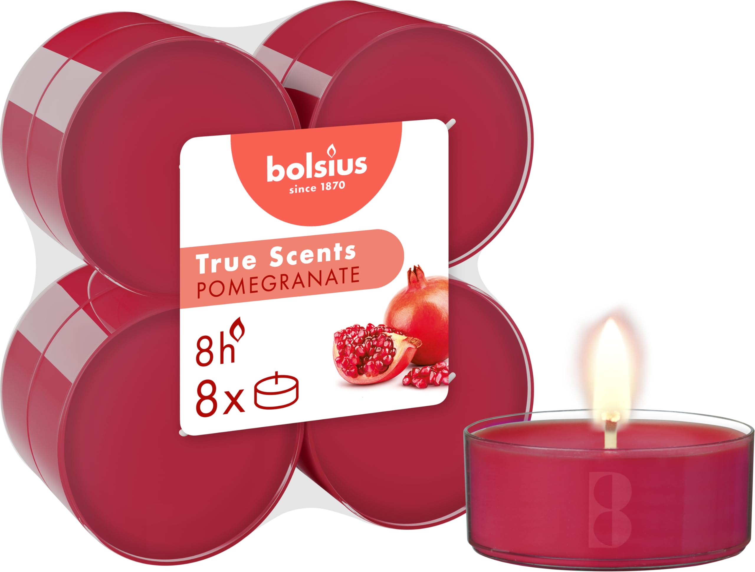 Bolsius - Maxi Fragrance Tealights - Pomegranate - Pack of 8 - Long Burning Time of 8 Hours - Household Candle - Decoration - Natural Extracts - Vegan Wax - No Palm Oil