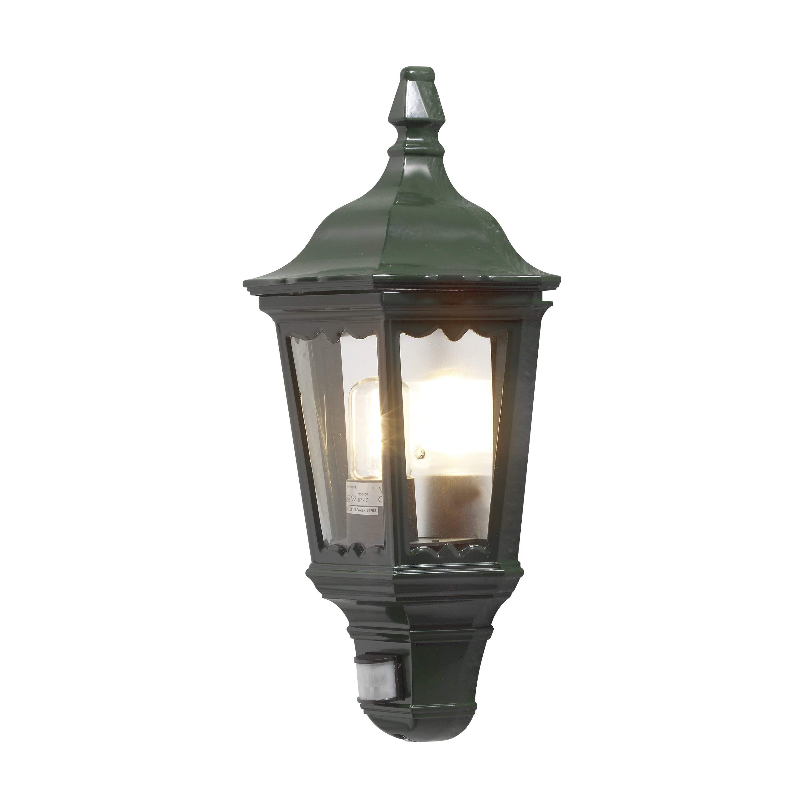 Konstsmide Outdoor Lights Firenze Flush Outdoor Wall Light with PIR Sensor-Motion Detector / 1 x 100 W E27 Max Wall Lamp / Clear Glass Panels / Aluminium / IP43 / Outside Light Green, 7230-600