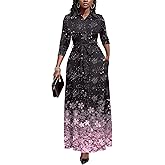 Runwind Women Church Maxi Dresses 3/4 Sleeve Button Down Print Casual Office Dress African