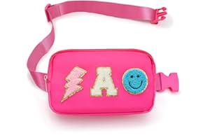 PAINZIETEG Fanny Pack for Girls Crossbody Bag, Preppy Nylon Kids Belt Bag for Birthday Christmas Graduation Personalized Gifts, Pink Chenille A Letter for Women Teen Girls Fanny Pack