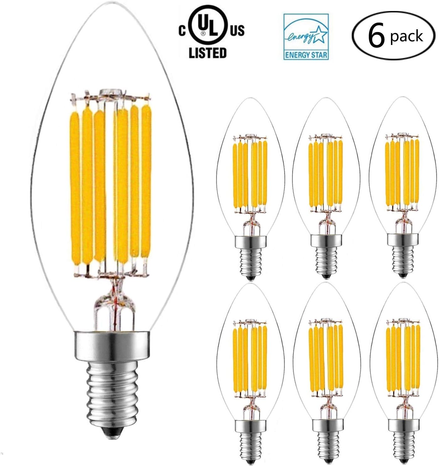 Candelabra Light Bulbs, Goodia 6W E12 Led Filament Bulbs Clear Glass Torpedo Shape Bullet Top Candle Bulb Decorative Lamp 60W Equivalent - 2700K Warm White, 6 Pack