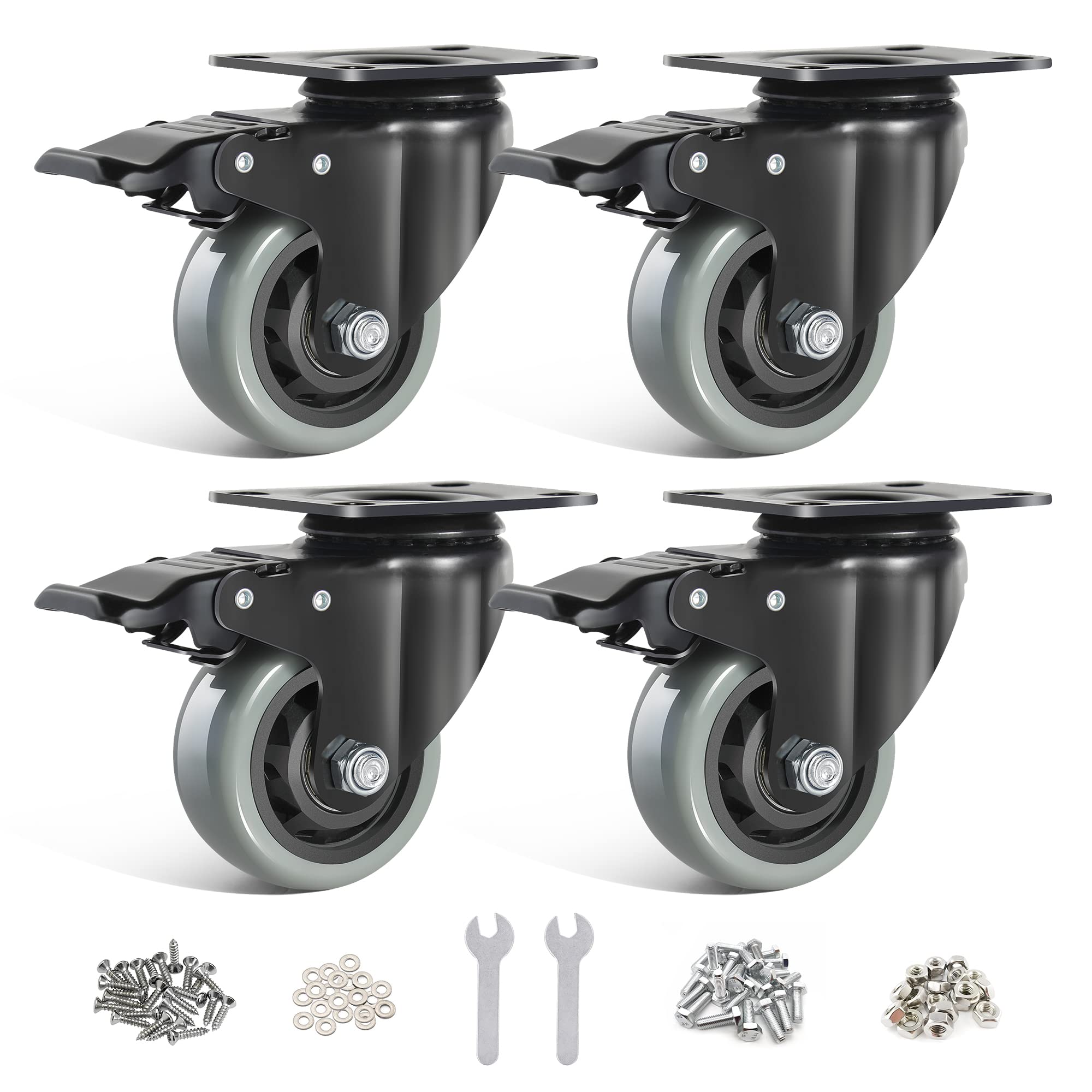BAOLIHUI Industrial Caster Wheels 75mm Grey Heavy Duty Swivel with Brake - Set of 4 PU Wheels, 500kg Load Capacity for Indoor & Outdoor Use Non Marking