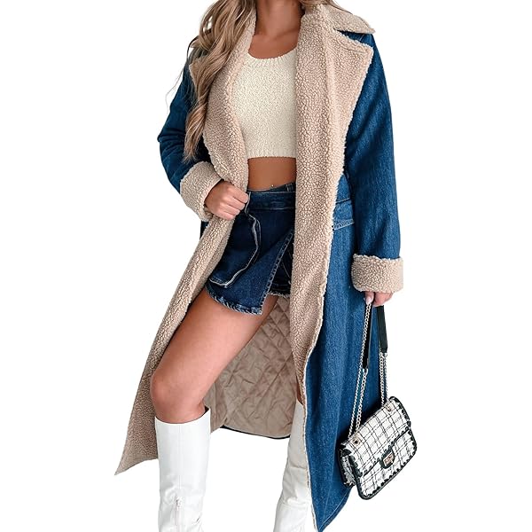 TACSTRUN Women's Winter Notched Lapel Denim Trench Coat