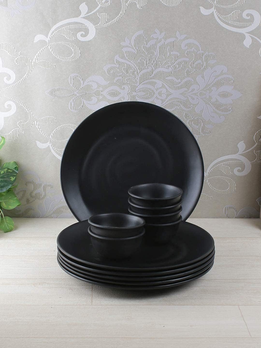 Buy VENNY FEB Pack of 12 Black Melamine Ripple Dinner Set Plates and