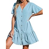 CUPSHE Women's V Neck Button Short Sleeve Flounce Cotton Beach Summer Mini Cover Up Dress