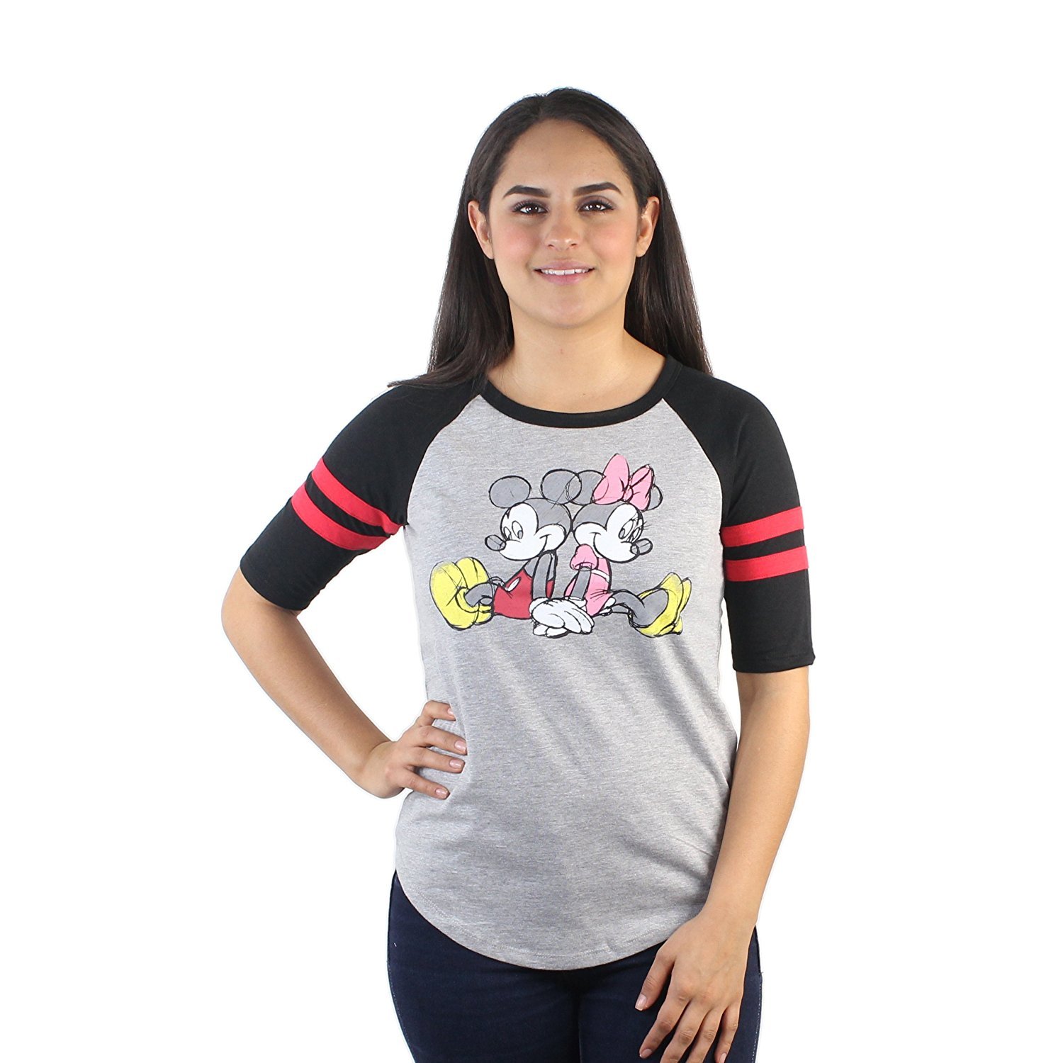 Disney Junior T-shirt Mickey & Minnie Mouse Print Athletic Jersey Stripes Raglan
