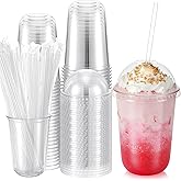 Ziliny 25 Set 16oz Plastic Cups with Dome Lids and Straw Clear Disposable Drinks Cup for Iced Coffee, Smoothie, Juice, Soda, Cocktail Party, Tea, Parfait, Dessert, Fruit Milkshake, Ice Cream