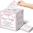 Teling 51 Pieces Diaper Raffle Tickets with Card Box Baby Shower Decorations Baby Shower Holder Box for Girl Boy Diaper Raffle Party(Pink Bow Style)