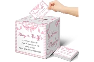 Teling 51 Pieces Diaper Raffle Tickets with Card Box Baby Shower Decorations Baby Shower Holder Box for Girl Boy Diaper Raffle Party(Pink Bow Style)